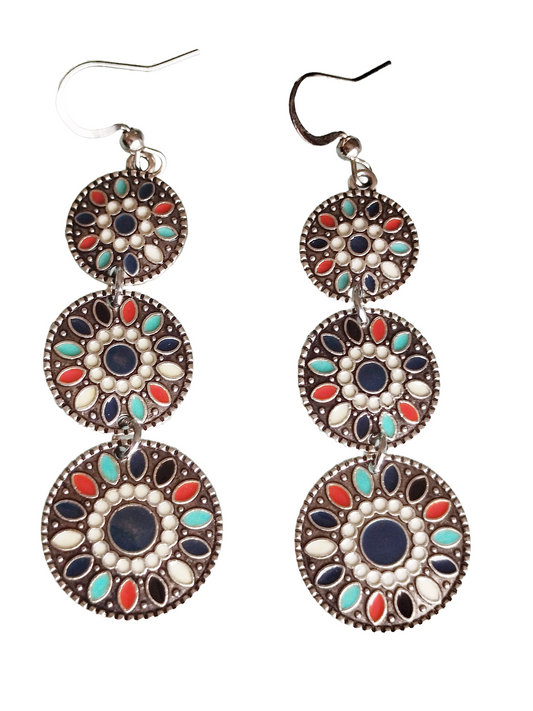 BO couleur argent 3 ronds de fleurs pierres bleue, turquoises, oranges, blanches