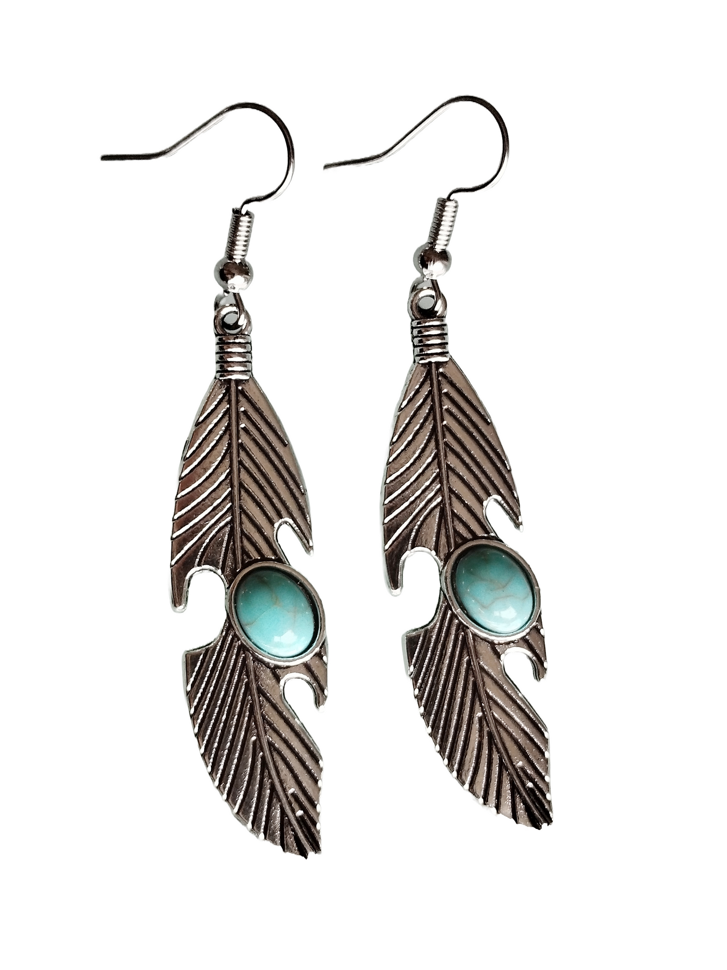 BO couleur argent motif plume avec pierre turquoise